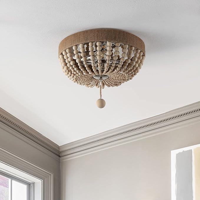 JONATHAN Y 14" Light Taupe and Polished Nickel 2-Light Wood Bead Iron Flush Mount, Farmhouse Bohemian Ceiling Light for Bedroom Hallway, UL Listed, LED Bulbs Included JYL1307A