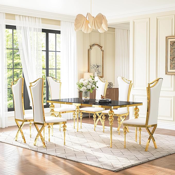 Glass Dining Table Set for 6, Luxurious 70 Inch Rectangular Kitchen Table with Black Tempered Glass Top, 6 White PU Leather Cushion Chairs for Dining Room, Restaurant, Living Room