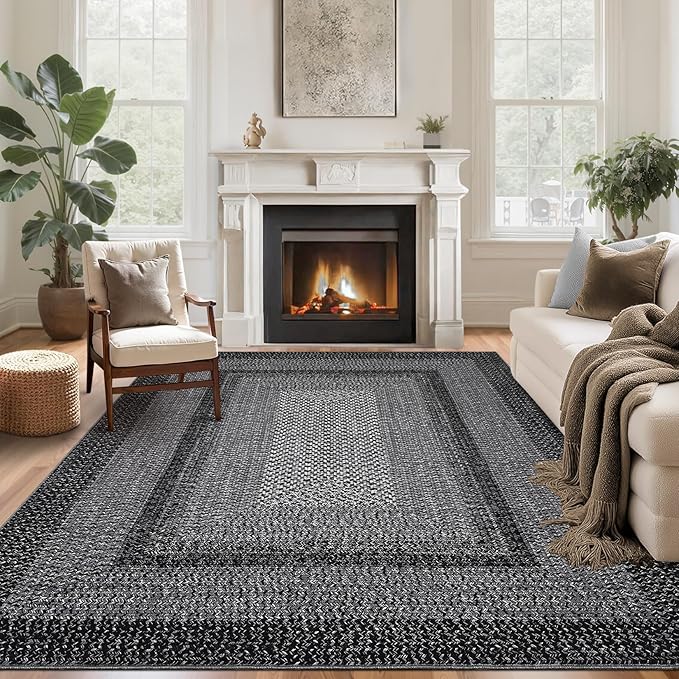 Imitation Braided Collection-Print Washable Rugs 10x13 Area Rug for Living Room Modern Bedroom Rug Soft Large Area Rug Non Slip Throw Rugs Stain Resistant Carpet for Nursery Dining Room