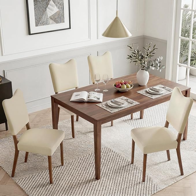 KISLOT Upholstered Dining Chairs Set of 4, Modern Velvet Kitchen Chairs with Solid Wood Legs, High Back Wooden Dining Room Chairs with Dark Walnut Color Legs for Farmhouse Kitchen Dining Room, Linen