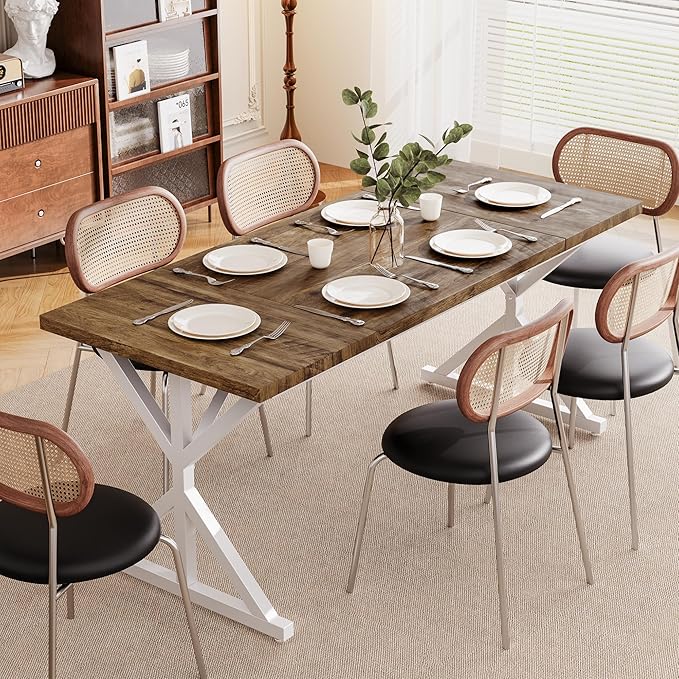 Farmhouse Dining Table for 6 People, 70.8 Inch Rectangular Wood Dining Table, Rustic Kitchen Table with Extra Heavy Duty Metal Legs for Dining Room-Oak