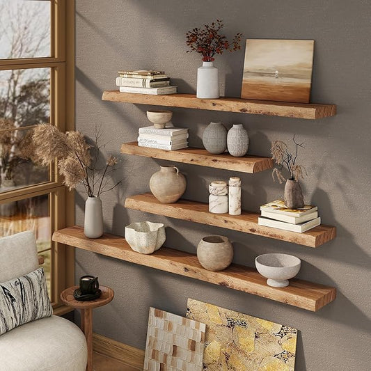 Marsmiles 72 inch Floating Shelves for Wall Elm Wood Live Edge Shelves Wall Mounted|Rustic Long Floating Shelves with Invisible Bracket for Bathroom Living Room Kitchen|Natural, 1 Pack