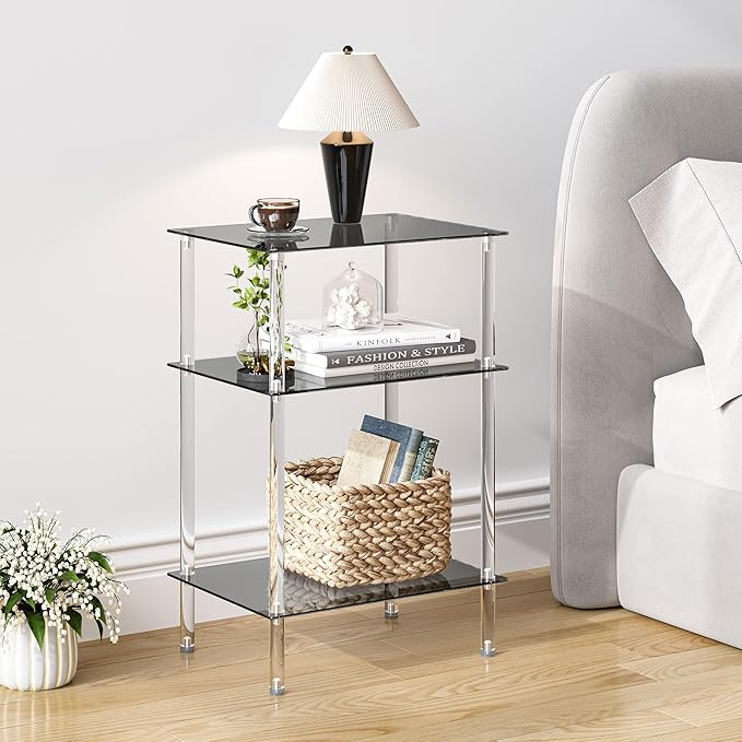 Tempered Glass Side Table, Acrylic End Table, 3-Tier Transparent Nightstand, Clear Coffee Table, for Small Spaces Living Room Bedroom Balcony Black LET519BK