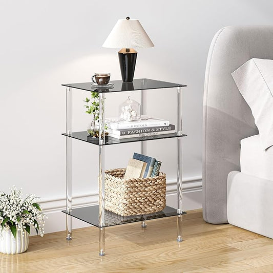 Tempered Glass Side Table, Acrylic End Table, 3-Tier Transparent Nightstand, Clear Coffee Table, for Small Spaces Living Room Bedroom Balcony Black LET519BK