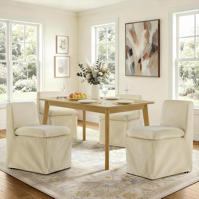 KISLOT Upholstered Dining Chairs Set of 2 with Casters, Modern Armless Kitchen Chairs with Removable Washable Cover, Chenille Velvet Fabric, Sturdy Metal & Wood Frame, 19.5" Seat Height, Sand