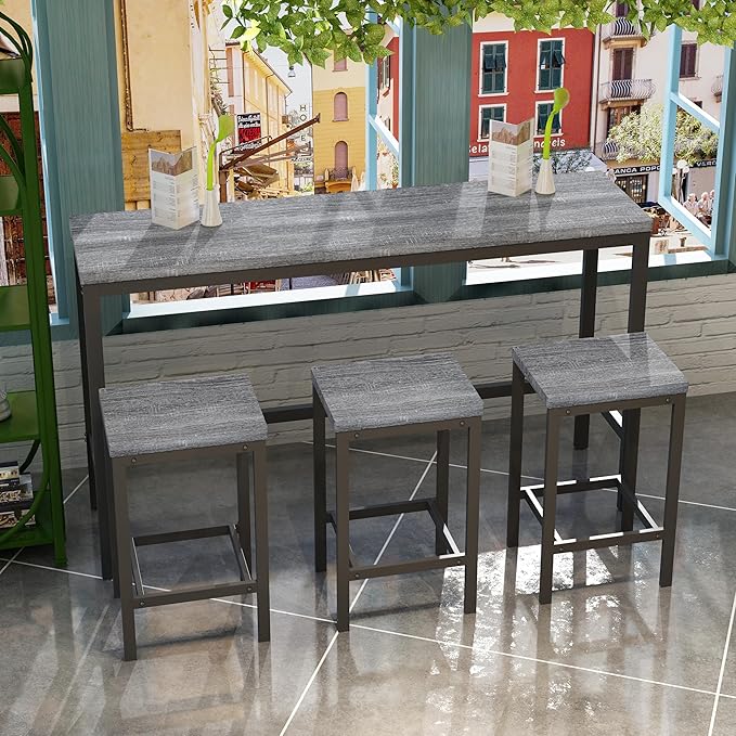 Merax Modern Design 4-Piece Counter Height Extra Long Dining Table Set with 3 Stools and Side Table with Footrest,Space-Saving Pub Kitchen Set,Easy Assembly,Grey
