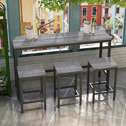 Merax Modern Design 4-Piece Counter Height Extra Long Dining Table Set with 3 Stools and Side Table with Footrest,Space-Saving Pub Kitchen Set,Easy Assembly,Grey