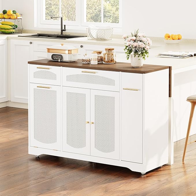 IDEALHOUSE 53.1" Rattan Kitchen Island with Storage, Rolling Dining Cart with Trash Storage Cabinet, Mobile Island Cart with Drop Leaf, Adjustable Shelves, Drawer, 5 Wheels (White)