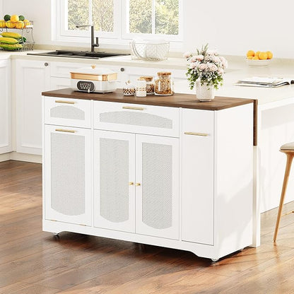 IDEALHOUSE 53.1" Rattan Kitchen Island with Storage, Rolling Dining Cart with Trash Storage Cabinet, Mobile Island Cart with Drop Leaf, Adjustable Shelves, Drawer, 5 Wheels (White)