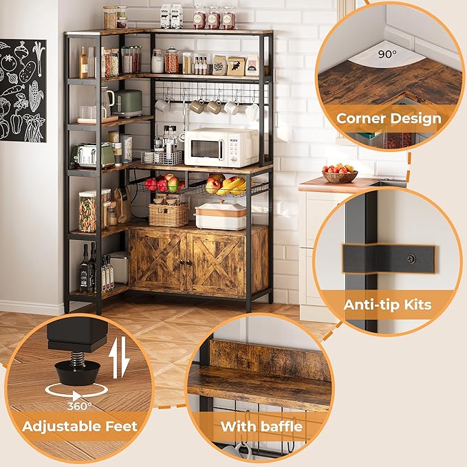 IRONCK Corner Bakers Rack with Power Outlet, Coffee Bar 6 Tier with Storage Cabinet, Vintage Industrial Microwave Stand with 6 Hooks, Kitchen Shelves with Wire Basket, Rustic Brown
