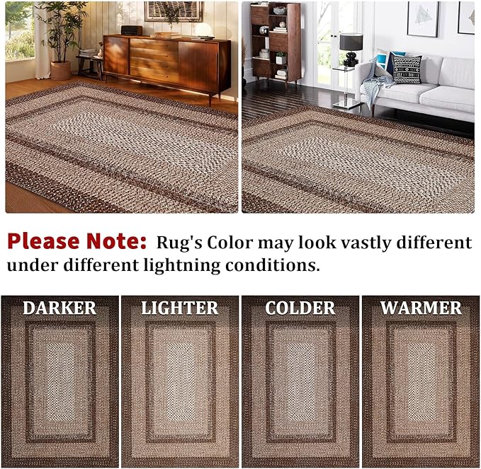 Printed Washable Rug 8x10 Area Rugs for Living Room Modern Bedroom Rug Brown Imitation Braided Large Area Rug Non Slip Throw Rugs Stain Resistant Carpet for Nursery Dining Room 8'x10'