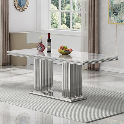 Henf Modern Dining Table for 6-8, 68 Inch White Marble Kitchen Table with Silver Stainless Steel Double Pillar Base, Luxurious Rectangular Faux Marble Dining Room Table for Dining Room,Living Room