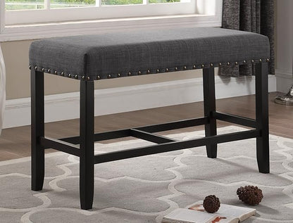 Grey Fabric Counter Height Dining Bench with Nailhead Trim, Ideal for Kitchen Islands and Dining Areas, Sturdy Construction and Easy Assembly Included