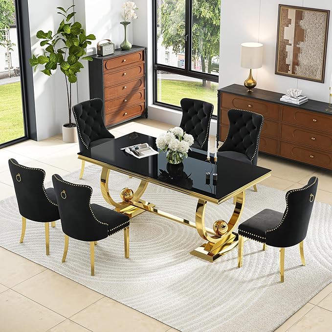 7-Piece Modern Luxury Dining Table Set, 70" Black Tempered Glass Dining Table with Gold Polished Stainless Steel U-Shaped Pedestal Base, 6 Black Velvet Upholstered Chairs, for Dining Room, Office