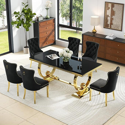 7-Piece Modern Luxury Dining Table Set, 70" Black Tempered Glass Dining Table with Gold Polished Stainless Steel U-Shaped Pedestal Base, 6 Black Velvet Upholstered Chairs, for Dining Room, Office