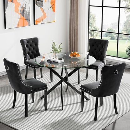 Modern Glass Dining Table Round Dining Room Table with Tempered Glass Top, Black Metal Legs Circle Kitchen Dining Room Table Home Furniture, 36" D x 36" W x 30" H