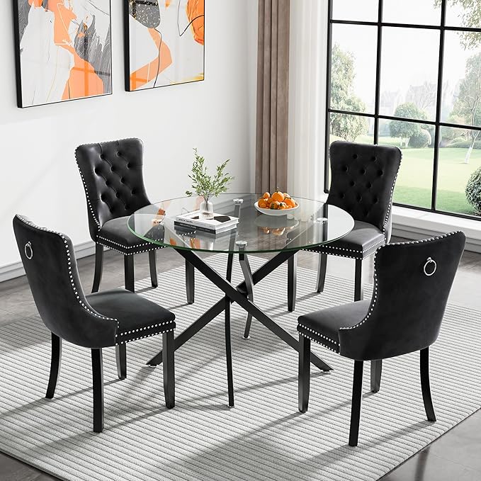 Glass Dining Table,36'' Round Dining Kitchen Table,Modern X-Design Dining Room Table with Black Metal Base for Dining Room