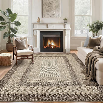 Imitation Braided Collection-Print Farmhouse Living Room Area Rug 8x10 Non-Slip Washable Rugs, Modern Large Carpet, Stain Resistant Ultra-Thin Foldable Floor Cover for Nursery Dining Room
