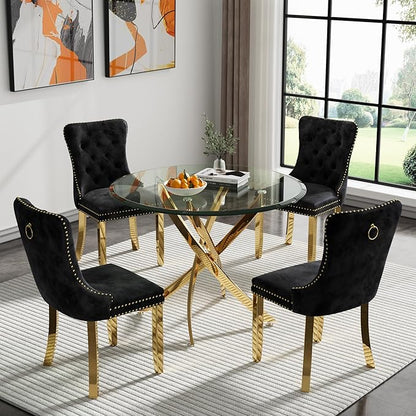 36" Glass Dining Table for 2-4, Modern Dining Room Table with 0.39" Tempered Glass Top and Cross X-Shaped Gold Stainless Steel Base, Round Kitchen Dinner Table for Dining Room