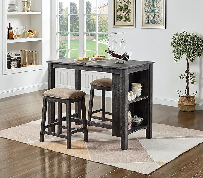 GTU Furniture 3-Piece Elegant Wood Veneer Counter Height Top Kitchen Dining/Bar Table Set with Backless Barstools(1xTable+2xBarstool)