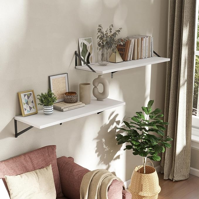 Acovy Deep Floating Shelves Wall Mounted, 36"x12" White Wall Shelves with Brackets Set of 2 for Bedroom, Living Room, Bathroom, Kitchen, Office - Storage & Display Shelf for Decor, Books, Plants