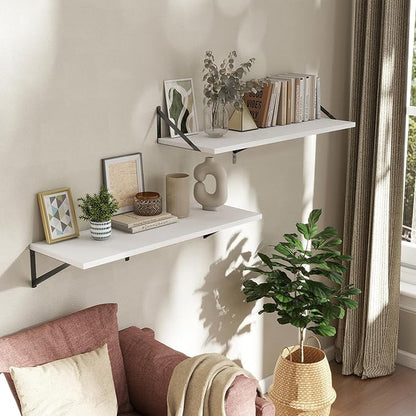 Acovy Deep Floating Shelves Wall Mounted, 36"x12" White Wall Shelves with Brackets Set of 2 for Bedroom, Living Room, Bathroom, Kitchen, Office - Storage & Display Shelf for Decor, Books, Plants