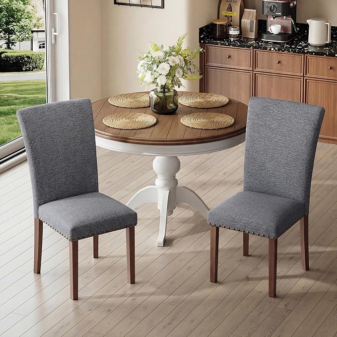 COLAMY Upholstered Parsons Dining Chairs Set of 6, Fabric Dining Room Kitchen Side Chair with Nailhead Trim and Wood Legs - Dark Grey