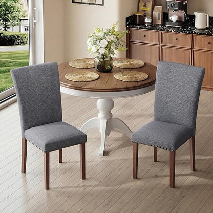 COLAMY Upholstered Parsons Dining Chairs Set of 4, Fabric Dining Room Kitchen Side Chair with Nailhead Trim and Wood Legs - Dark Grey