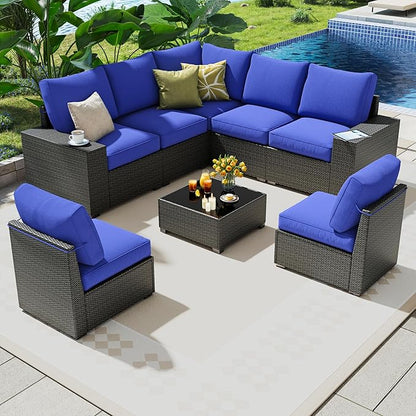 8 Piece Outdoor Patio Furniture Set, Outdoor Sectional Furniture, Rattan & Wicker Modern Modular Conversation Set Sofa Couch W/Water Resistant Washable Thick Cushions and Coffee Table, Coffee/Blue