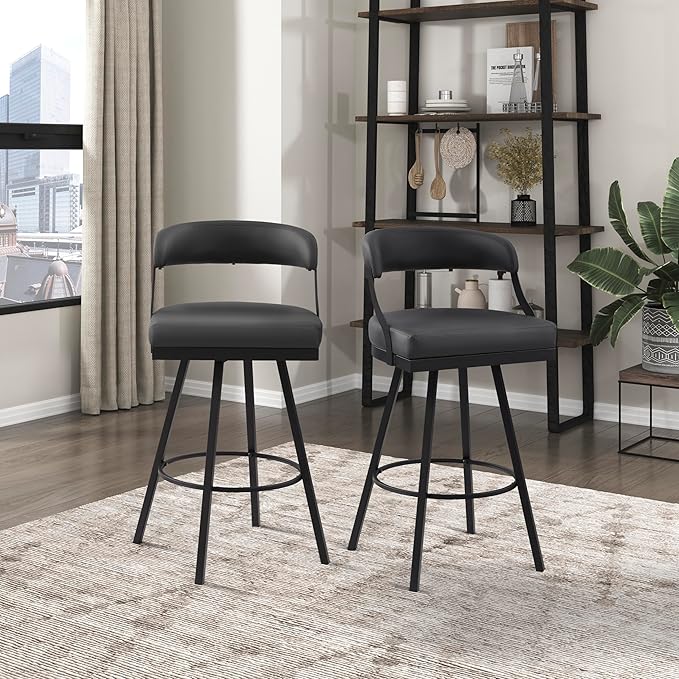 Lexicon Swivel Bar Stools Set of 2 - Bar Height Stools for Kitchen Island, Padded Seat, Open Back, Sturdy Black Metal Frame Finish and Faux Leather Cushion Seat, Sturdy Black
