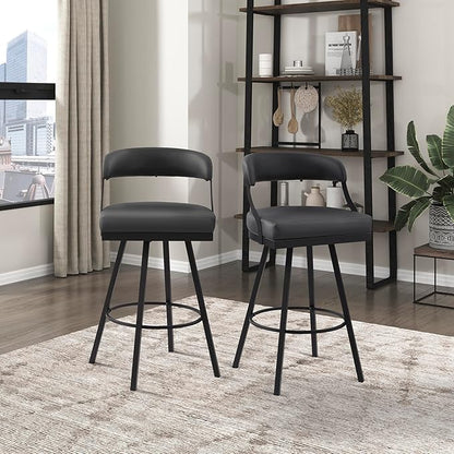 Lexicon Swivel Bar Stools Set of 2 - Bar Height Stools for Kitchen Island, Padded Seat, Open Back, Sturdy Black Metal Frame Finish and Faux Leather Cushion Seat, Sturdy Black