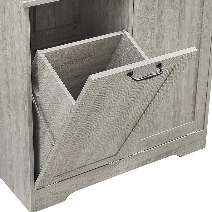 68" Tall Bathroom Storage Cabinet with One Door and Two Laundry Hampers for Home Display Organizer, Adjustable Shelf, Oak