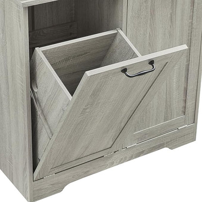 68" Tall Bathroom Storage Cabinet with One Door and Two Laundry Hampers for Home Display Organizer, Adjustable Shelf, Oak
