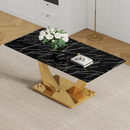 Modern Kitchen Table, Faux Marble Dining Table with 0.4" Thick Tempered Glass Top, 71" Black Dining Room Table with Gold U-Shaped Metal Base for Kitchen Dining Room
