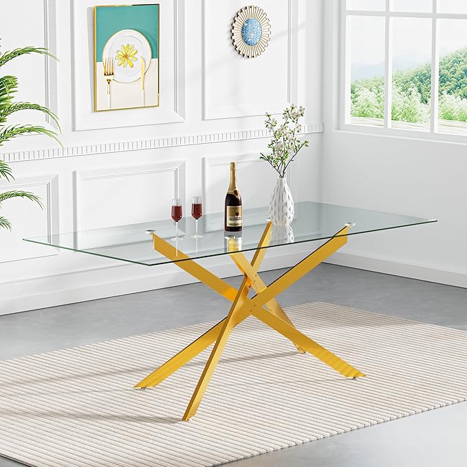 Gold Glass Dining Table for 6 Modern 60.6" Rectangular Kitchen Dining Room Table for 4-6 with X-Shape Metal Base Large Clear Glass Top Dining Tables for Home Kitchen