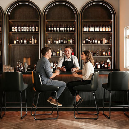 IDEALHOUSE Counter Height Bar Stools Set of 3, PU Leather Barstools with Back and Footrest, Modern Industrial Metal Frame Armless Bar Chairs for Kitchen Island, Counter, Black
