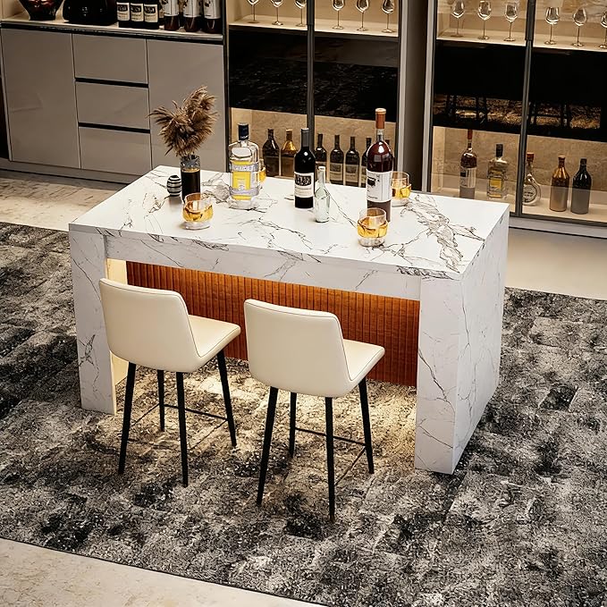Large Faux Imitation Dining Table with Velvet Dining Chairs Set of 4, Marble Stripes Kitchen Island Table with Grille Design for 4-6, Luxury Island with LED Lights for Home Kitchen. (White)