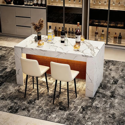 Large Faux Imitation Dining Table with Velvet Dining Chairs Set of 4, Marble Stripes Kitchen Island Table with Grille Design for 4-6, Luxury Island with LED Lights for Home Kitchen. (White)