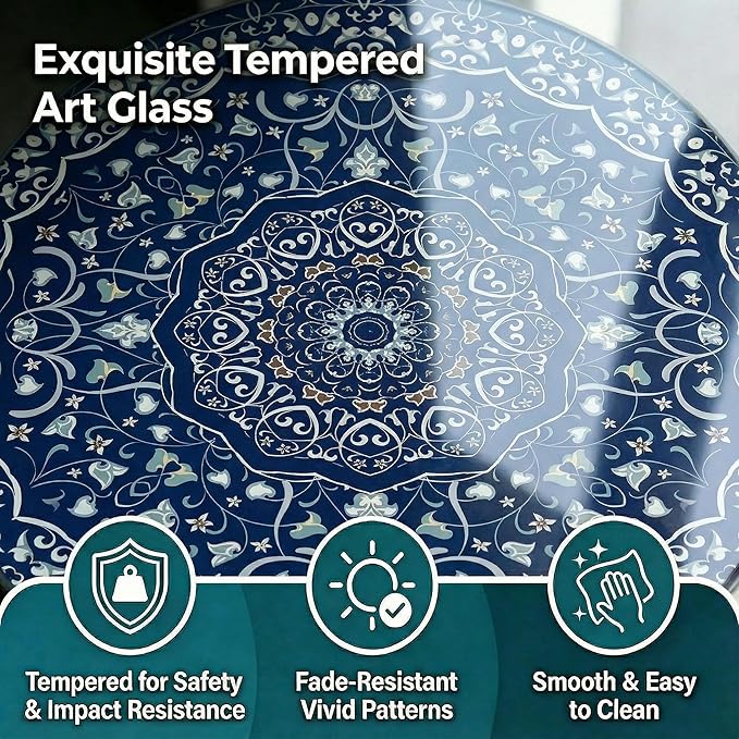 Simmer Stone 13.4" Outdoor Side Table, Round Patio Bistro Table Printed Tempered Glass Top, Waterproof Rust-Proof Base, Small Plant Stand for Balcony, Garden, Deck, 21.6" H (Blue Maze)