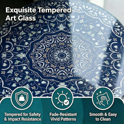 Simmer Stone 13.4" Outdoor Side Table, Round Patio Bistro Table Printed Tempered Glass Top, Waterproof Rust-Proof Base, Small Plant Stand for Balcony, Garden, Deck, 21.6" H (Blue Maze)