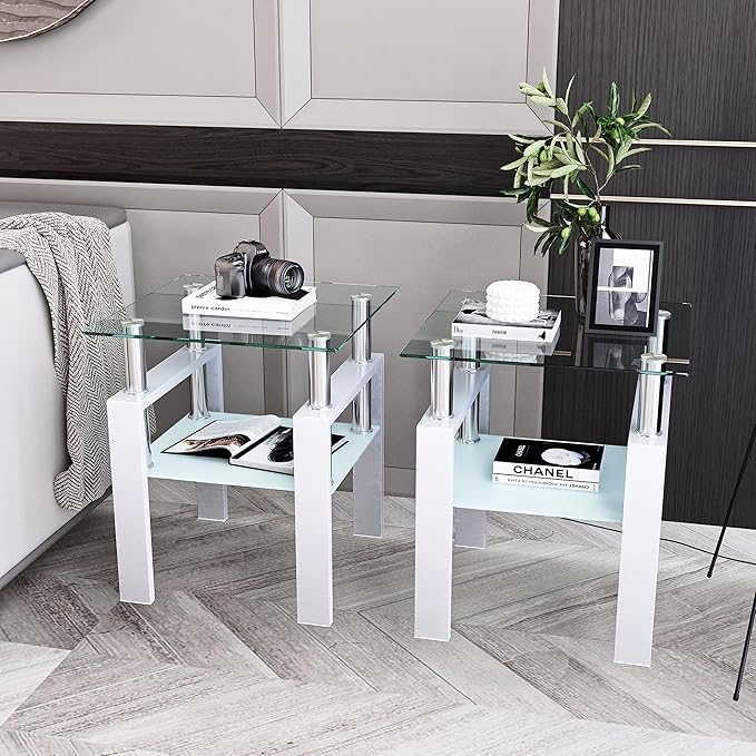 Set of 2 Glass End Table, Glass Side Table with Tempered Glass Top & Metal Legs, Square Living Room Table Modern Tea Table Side Tables 2-Layer for Living Room Bedroom