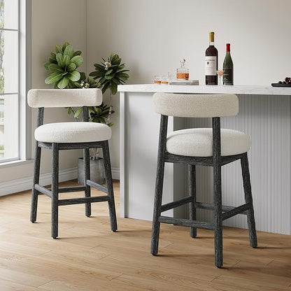 Christopher Knight Home Annes Counter Height Bar Stools Set of 2, Boucle Fabric Round Bar Stool for Kitchen Island, Wooden Dining Room Chair, Counter Stool with Footrest, Black+Milky White