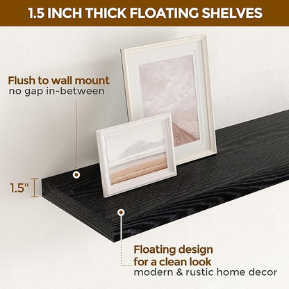 Fun Memories 16 Inch Long Floating Shelves in Black, 9.3 Inch Deep Floating Shelf for Wall, Living Room, Kitchen, Rustic Deep Wood Shelves for Bathroom, 2 Pack Storage Display Shelf for Books, Decor