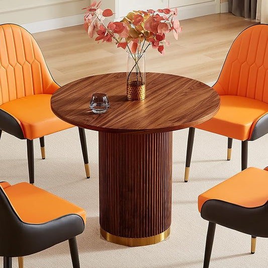 AF ARTISAN FURNITURE Modern Farmhouse Dining Table Set, 35.04" Round Table with 4 Leather Chairs, Wood & Gold Stainless Steel Base, Brown
