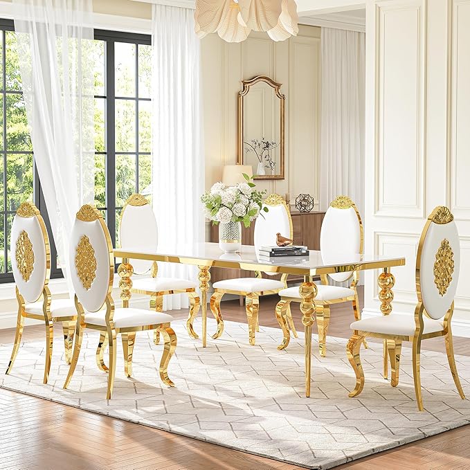 Glass Dining Table Set for 6 People, 7 Piece Dining Table Set with 70" White Glass Kitchen Table and 6 White Carved Back Chairs, for Living Room, Restaurant, Large Party
