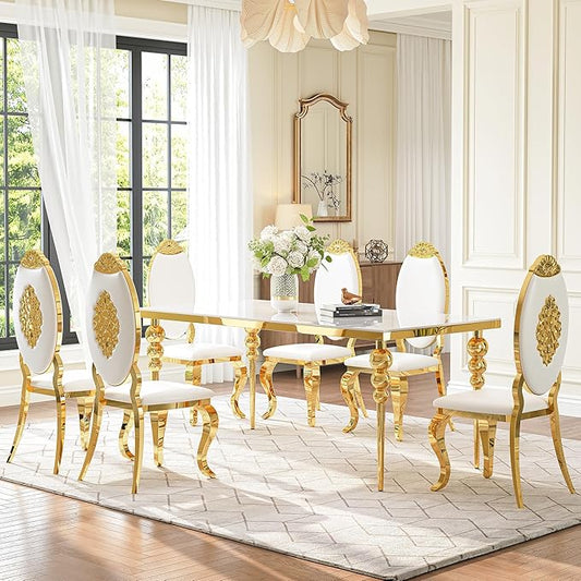 Glass Dining Table Set for 6 People, 7 Piece Dining Table Set with 70" White Glass Kitchen Table and 6 White Carved Back Chairs, for Living Room, Restaurant, Large Party