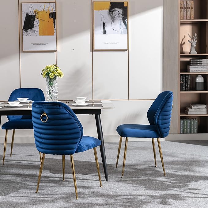 Modern Velvet Dining Chairs Set of 2, Woven Accent Kitchen Chairs with 4 Sturdy Golden Metal Legs and Back, Armless Side Chair with Ring for Indoor, Kitchen Island, Dining Room, Living Room (Blue)