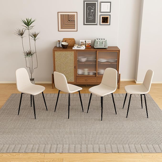 Knit Fabric Dining Chairs with Iron Legs - Restaurant Seating, Comfortable Upholstered Armless Side Chair for Kitchen, Beige (4 Chairs)