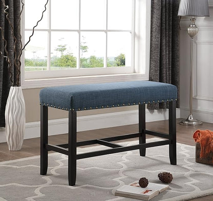Blue Fabric Counter Height Dining Bench with Nailhead Trim, Ideal for Kitchen Islands and Dining Areas, Durable and Easy to Clean