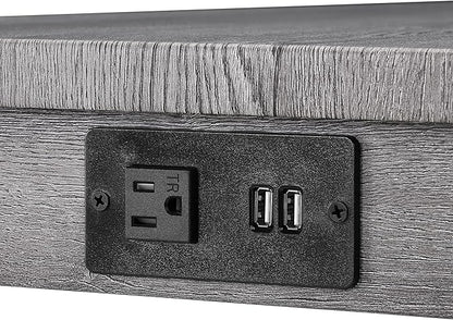 4-Piece Farmhouse Kitchen Table Stool Set with Power Outlets, Industrial Dining Tables with 3 Upholstered Stools, Wooden Counter Table Chairs w/Charging Station&2 USB Ports, Gray+Gray